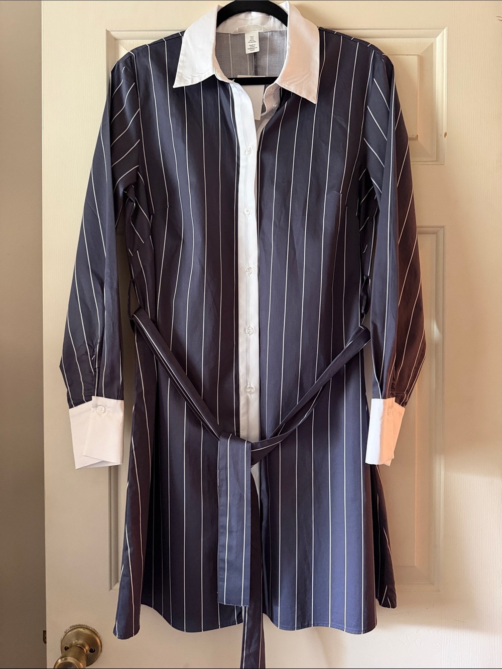 Striped Navy Shirt Dress with White Collar and Cuffs